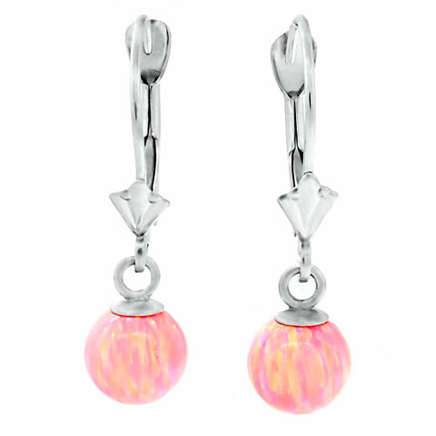 Elana: Pink Angel Skin Created Australian Opal Ball Drop Leverback Earrings 14K White Gold - 1000Jewels.com