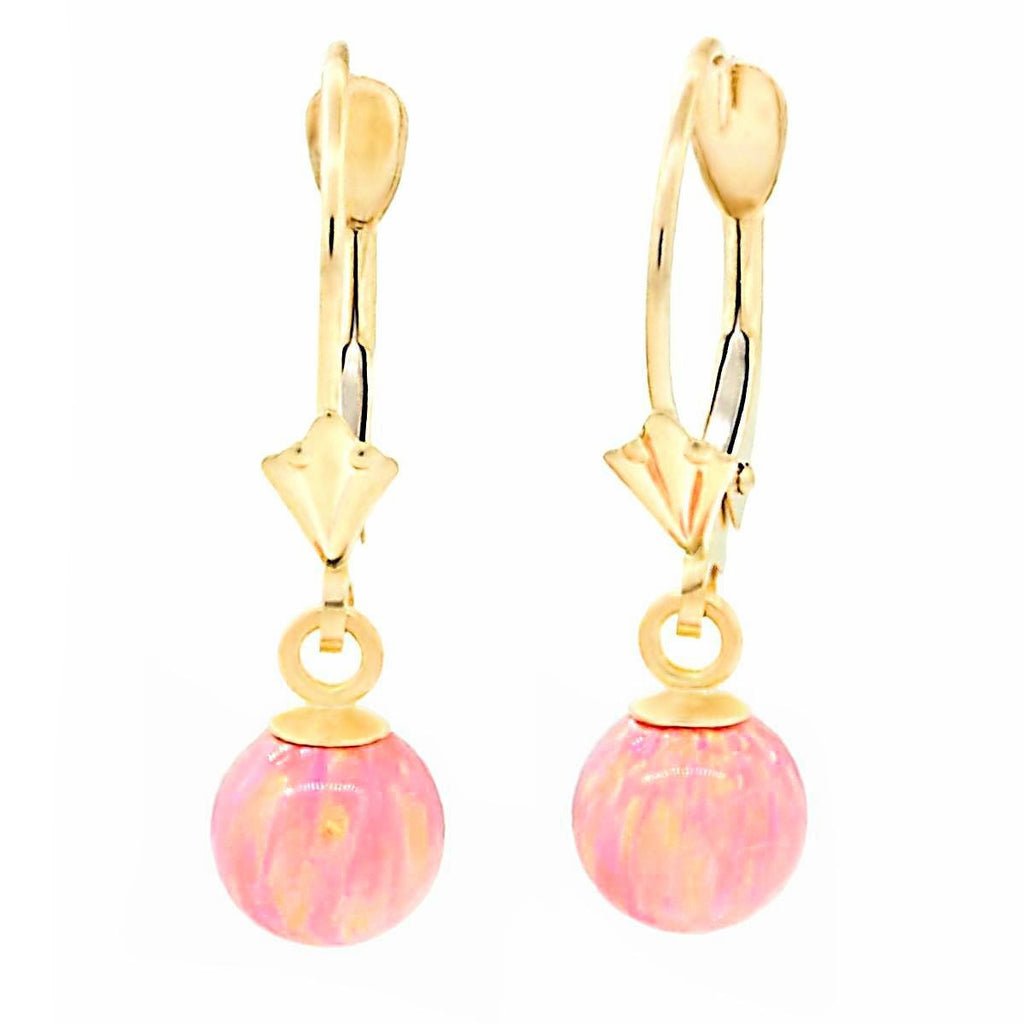 Elana: Pink Angel Skin Created Australian Opal Ball Drop Leverback Earrings 14K Yellow Gold - 1000Jewels.com