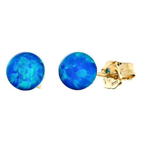 Oceans: Pacific Blue Created Australian Opal Ball Stud Post Earrings 14k Yellow Gold - 1000Jewels.com
