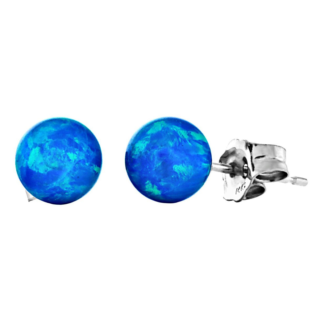 Oceans: Pacific Blue Created Australian Opal Ball Stud Post Earrings 14k White Gold - 1000Jewels.com