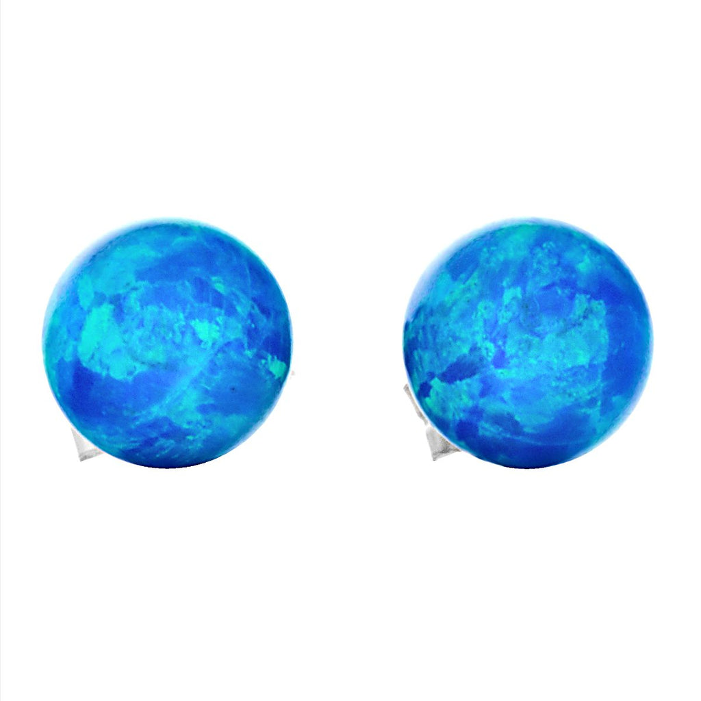Oceans: Pacific Blue Created Australian Opal Ball Stud Post Earrings 14k White Gold - 1000Jewels.com