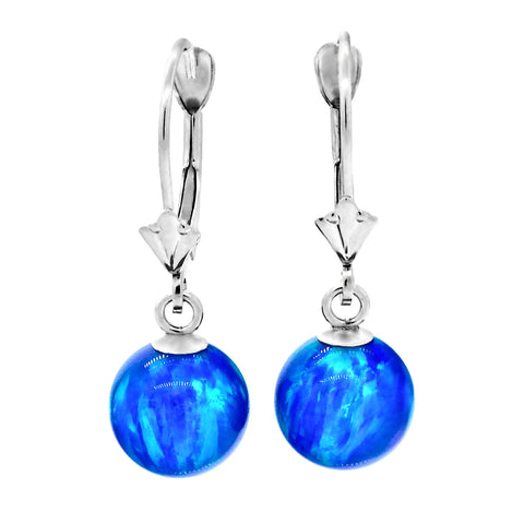 Oceans: Pacific Blue Created Australian Opal Ball Drop Leverback Earrings 14K White Gold - 1000Jewels.com