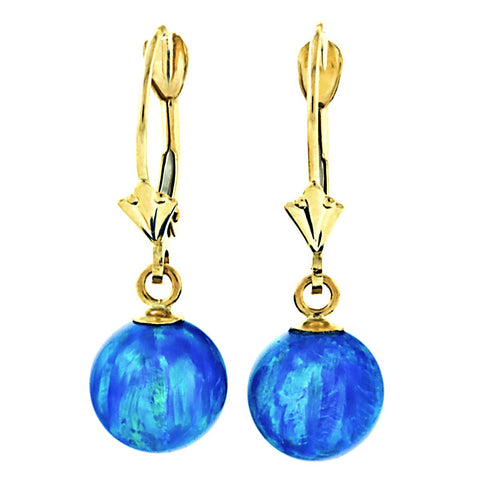 Oceans: Pacific Blue Created Australian Opal Ball Drop Leverback Earrings 14K Yellow Gold - 1000Jewels.com