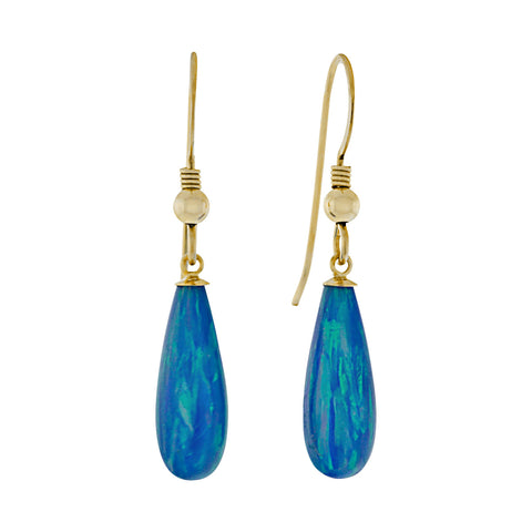 Oceans: 16mm Tropical Blue Created Opal Teardrop Fishhook Earrings Gold Filled - 1000Jewels.com