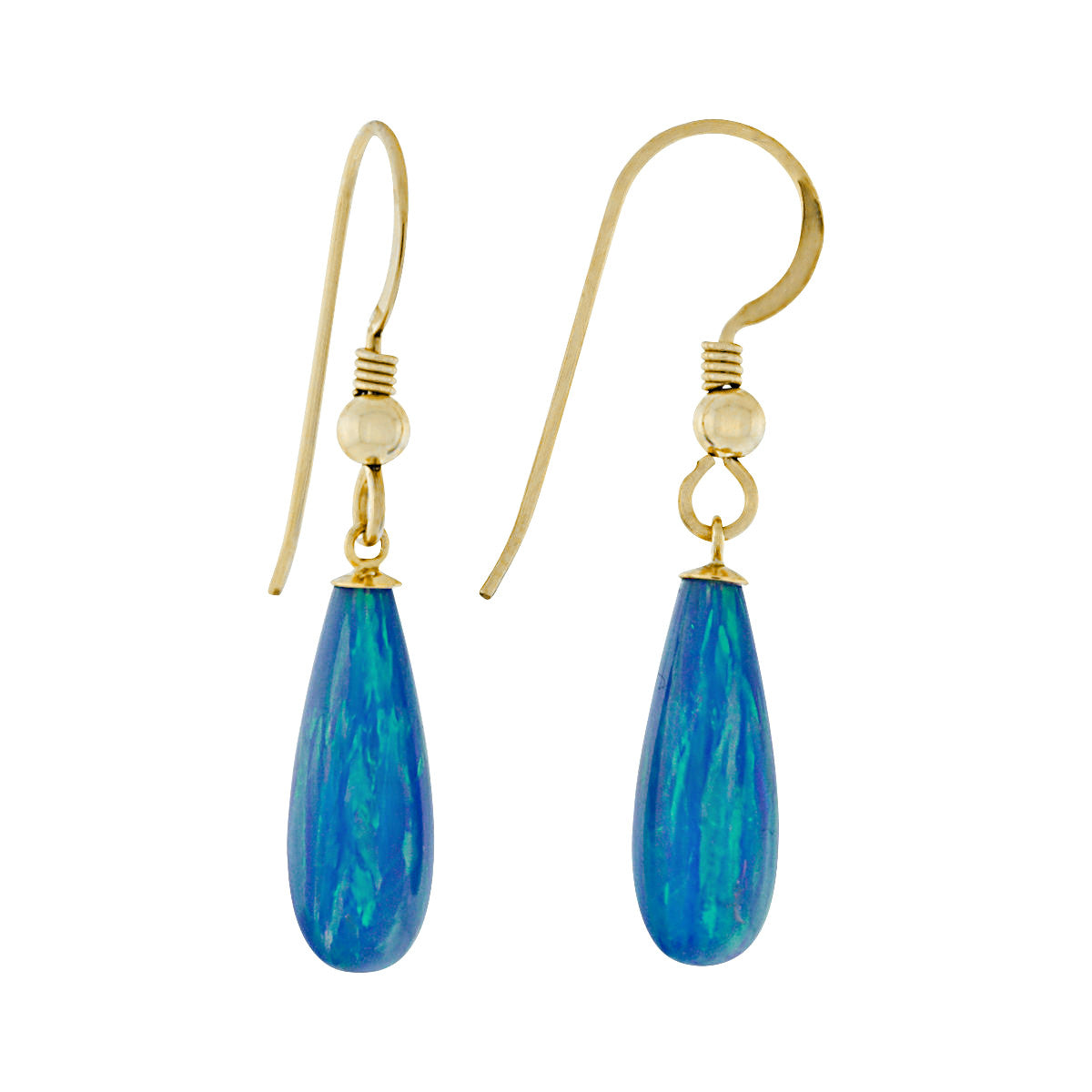 Oceans: 16mm Tropical Blue Created Opal Teardrop Fishhook Earrings Gold Filled