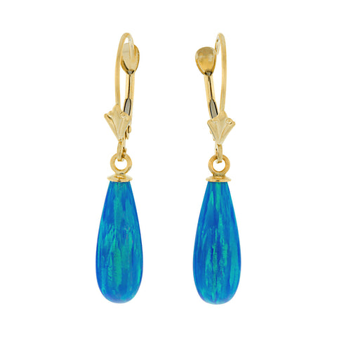 Oceans: 16mm Tropical Blue Created Opal Teardrop Lever Back Earrings Gold Filled - 1000Jewels.com