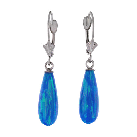 Oceans: 16mm Tropical Blue Created Opal Teardrop Lever Back Earrings White Gold - 1000Jewels.com
