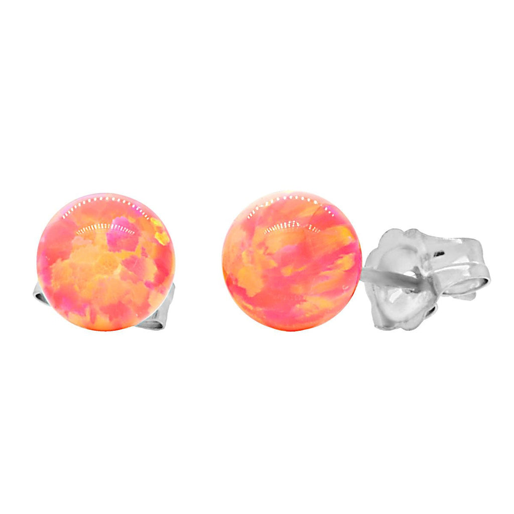 Cala: Deep Sea Coral Created Australian Opal Ball Stud Earrings 14K White Gold - 1000Jewels.com