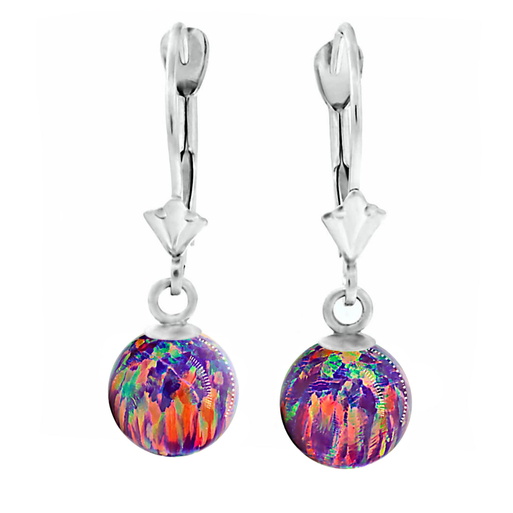 Elizabeth: Royal Lavender Created Australian Opal Ball Drop Leverback Earrings 14K White Gold - 1000Jewels.com