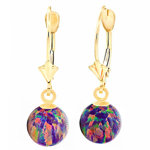 Elizabeth: Royal Lavender Created Australian Opal Ball Drop Leverback Earrings 14K Yellow Gold - 1000Jewels.com