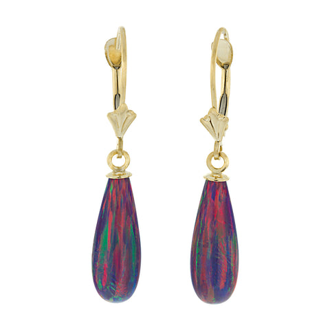 Elizabeth: 16mm Royal Lavender Created Opal Teardrop Lever Back Earrings 14k YG - 1000Jewels.com