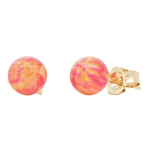 Cala: Deep Sea Coral Created Australian Opal Ball Stud Earrings 14K Yellow Gold - 1000Jewels.com