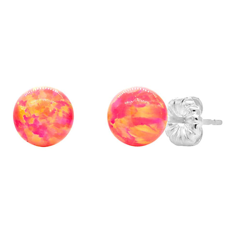Cala: Deep Sea Coral Created Australian Opal Ball Stud Earrings 925 Sterling Silver - 1000Jewels.com