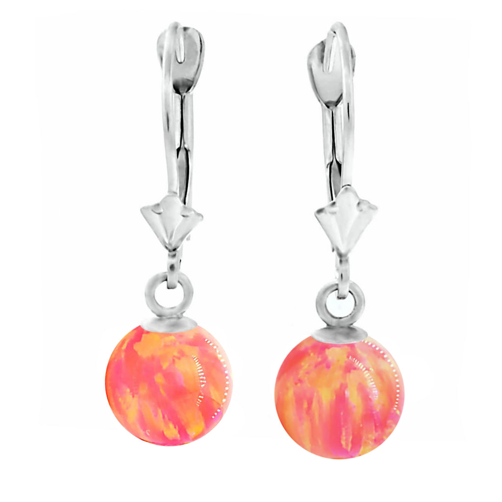 Cala: Deep Sea Coral Created Australian Opal Ball Drop Leverback Earrings 14K White Gold - 1000Jewels.com