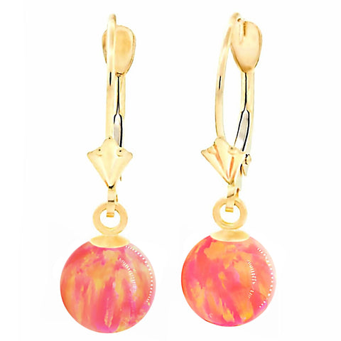 Cala: Deep Sea Coral Created Australian Opal Ball Drop Leverback Earrings 14K Yellow Gold - 1000Jewels.com