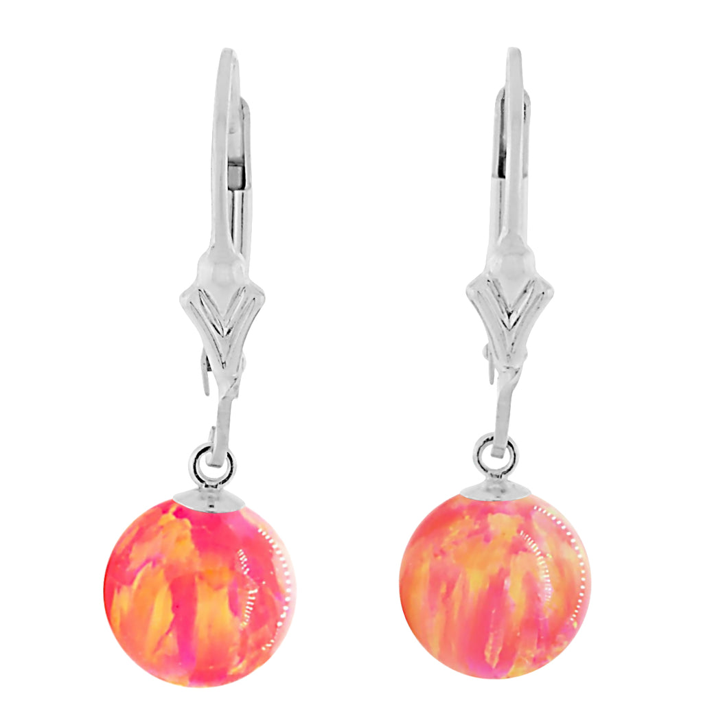 Cala: Deep Sea Coral Created Australian Opal Ball Drop Leverback Earrings 925 Sterling Silver - 1000Jewels.com