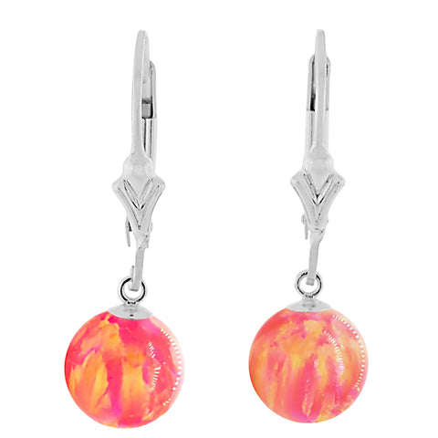 Cala: Deep Sea Coral Created Australian Opal Ball Drop Leverback Earrings 925 Sterling Silver - 1000Jewels.com
