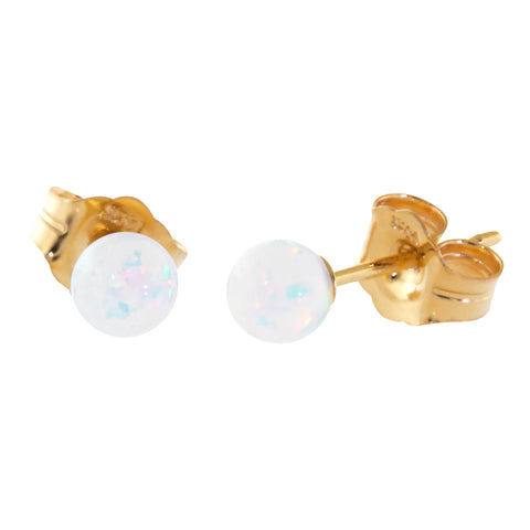 Lorraine: White Created Australian Opal Ball Stud Earrings 14K Yellow Gold - 1000Jewels.com
