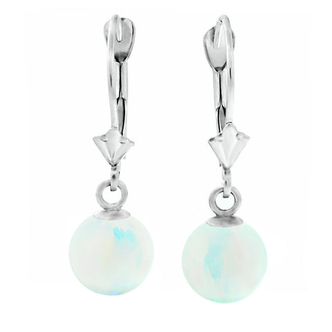 Lorraine: White Created Australian Opal Ball Drop Leverback Earrings 14K White Gold - 1000Jewels.com