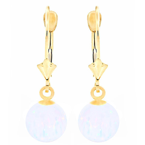 Lorraine: White Created Australian Opal Ball Drop Leverback Earrings 14K Yellow Gold - 1000Jewels.com