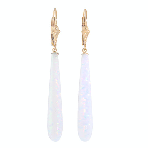 Lorraine: 35mm White Created Opal Teardrop Lever Back Earrings 14K Yellow Gold - 1000Jewels.com