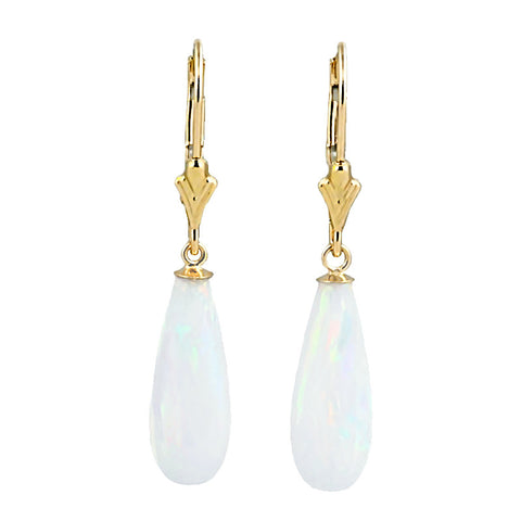 Lorraine: 16mm White Created Opal Teardrop Lever Back Earrings 14K Yellow Gold - 1000Jewels.com