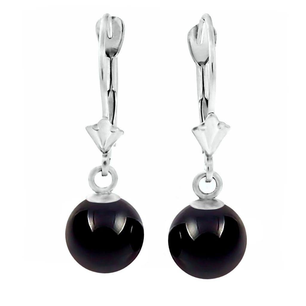 Natural Black Onyx Ball Drop Leverback Earrings 14K White Gold - 1000Jewels.com