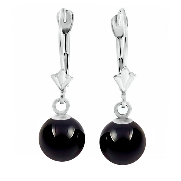 Natural Black Onyx Ball Drop Leverback Earrings 14K White Gold ...