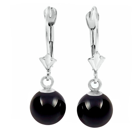 Natural Black Onyx Ball Drop Leverback Earrings 14K White Gold - 1000Jewels.com