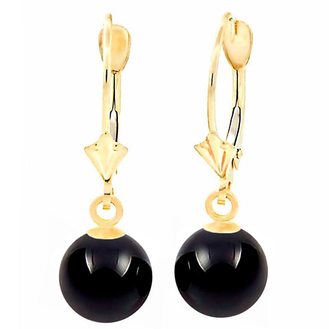 Natural Black Onyx Ball Drop Leverback Earrings 14K Yellow Gold - 1000Jewels.com