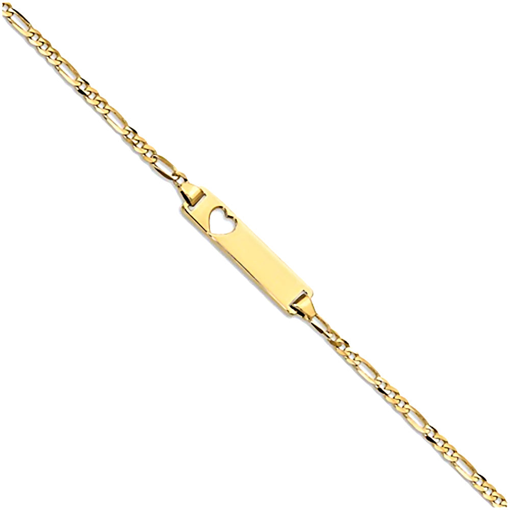 Trustmark Engravable 14K Yellow Gold Bar with Heart Baby Bracelet and Figaro Chain - 1000Jewels.com