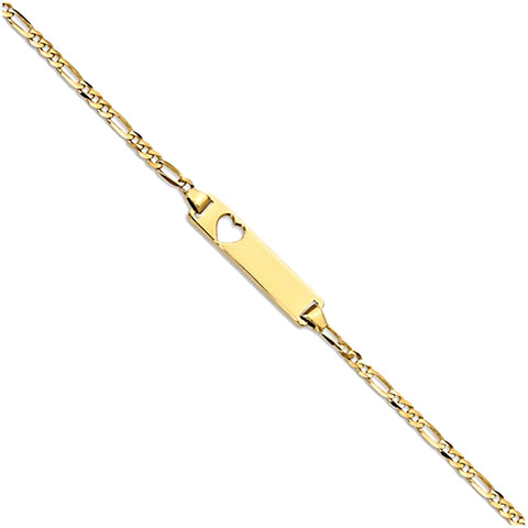 Trustmark Engravable 14K Yellow Gold Bar with Heart Baby Bracelet and Figaro Chain - 1000Jewels.com