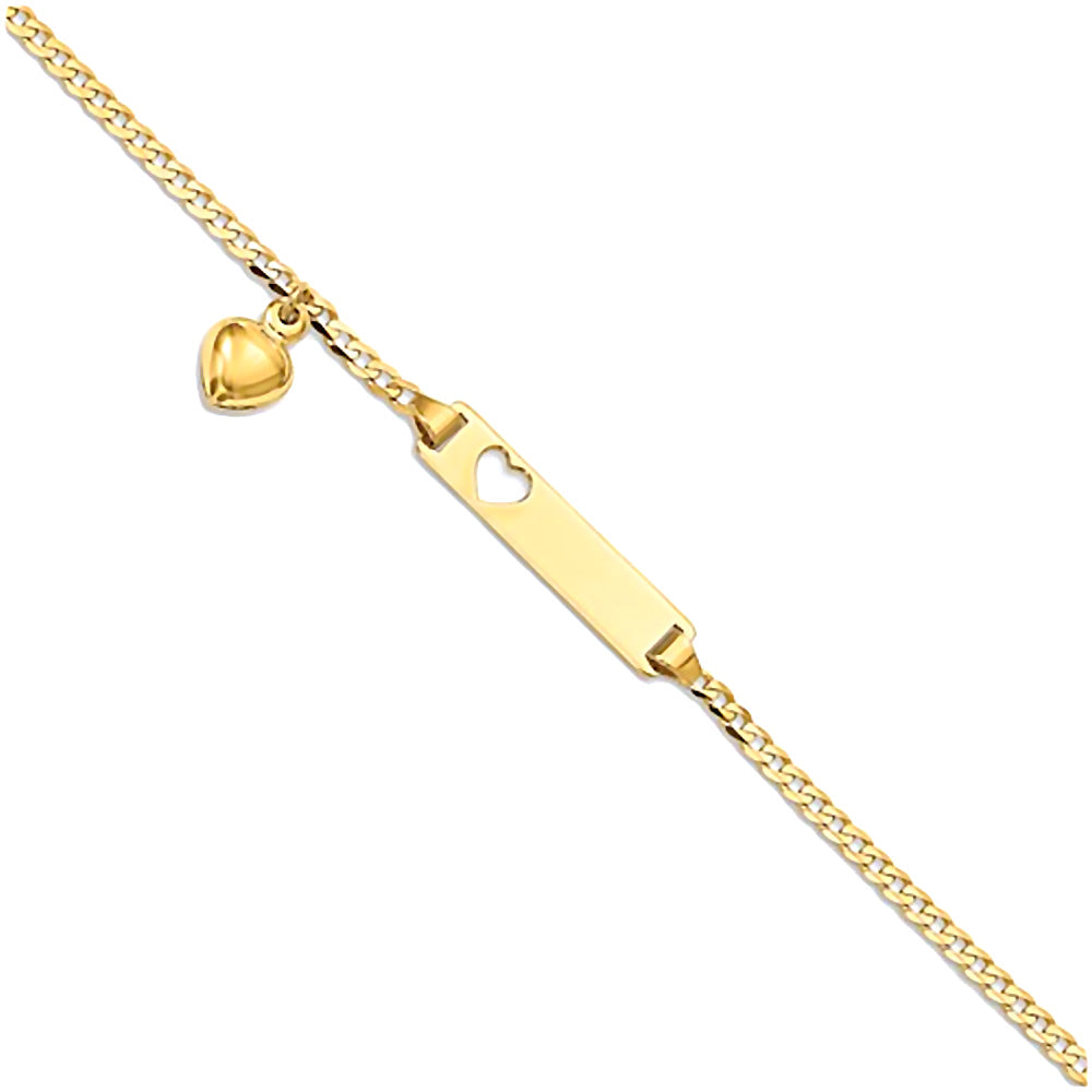 Trustmark Engravable 14K Yellow Gold Bar with Heart Charm Baby Bracelet and Curb Chain - 1000Jewels.com