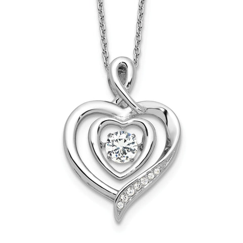 Ice on Fire CZ Simulated Diamond Silver Ribbon Heart Pendant Necklace - 1000Jewels.com