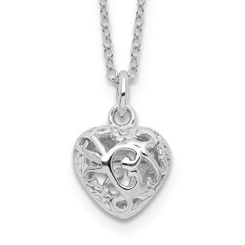Puffed Filigree Metalwork Sterling Silver Heart Pendant Necklace - 1000Jewels.com