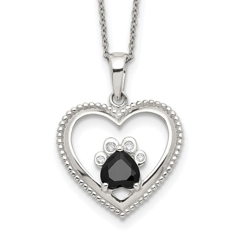 Dog Paw Black and Clear Ice on Fire CZ Silver Heart Pendant Necklace - 1000Jewels.com