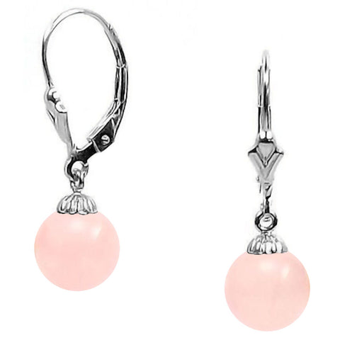 Natural Rose Quartz Ball Leverback Earrings 14K White Gold - 1000Jewels.com