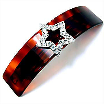 Star Accented Crystal Rhinestone Brown Acrylic Bar Hair Barrette - 1000Jewels.com