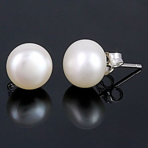 Alida: 10mm Natural White Freshwater Pearl Stud Earrings 925 Silver - 1000Jewels.com