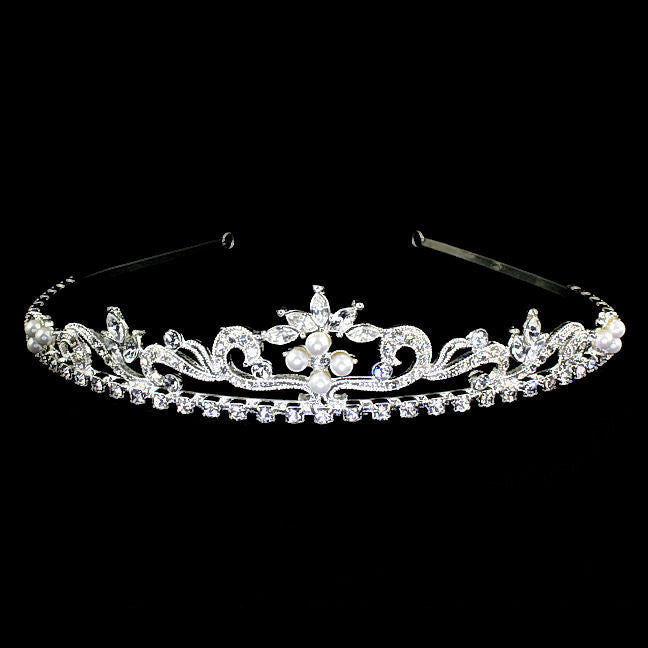 Sarina: Gorgeous Low Profile Swarovski Rhinestone & Pearl Tiara - 1000Jewels.com