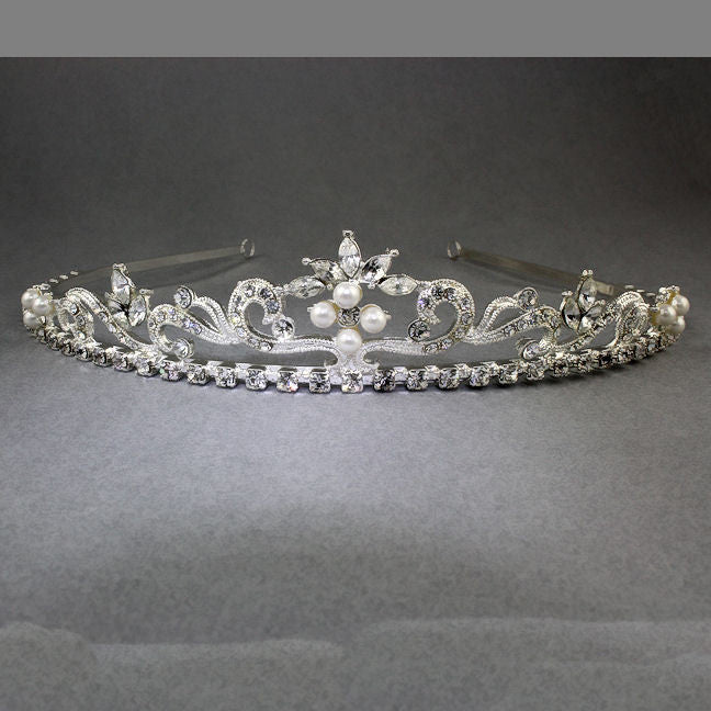 Sarina: Gorgeous Low Profile Swarovski Rhinestone & Pearl Tiara - 1000Jewels.com