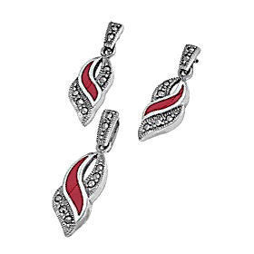 Kendall: Coral & Marcasite Ribbon Twist Pendant & Earrings Set - 1000Jewels.com