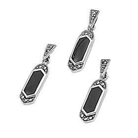Vondaila: Onyx & Marcasite Oval Drop Pendant & Earrings Set 925 - 1000Jewels.com