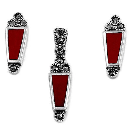 Tansy: Coral & Marcasite Geometric Drop Pendant & Earrings Set - 1000Jewels.com