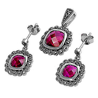 Bella: Cushion Cut Burmese Ruby & Marcasite Pendant & Earrings Set - 1000Jewels.com