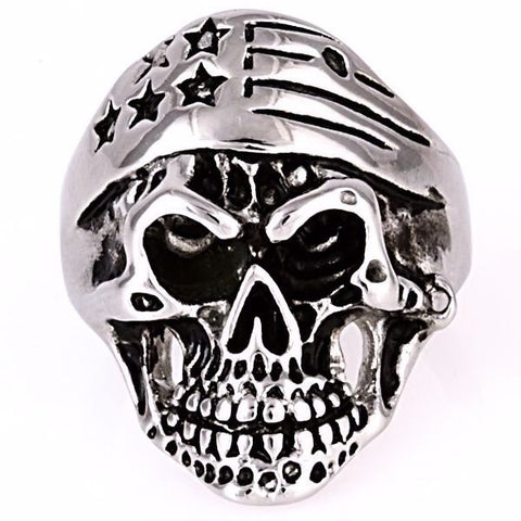Cody: EZ Rider Rocker Skull Ring w Patriotic Biker Bandana 316L Steel - 1000Jewels.com