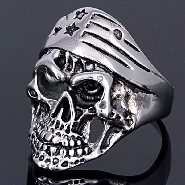 Cody: EZ Rider Rocker Skull Ring w Patriotic Biker Bandana 316L Steel - 1000Jewels.com