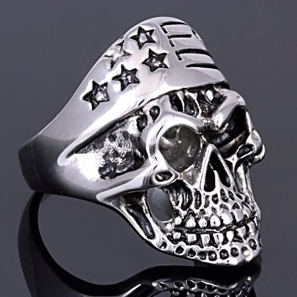 Cody: EZ Rider Rocker Skull Ring w Patriotic Biker Bandana 316L Steel - 1000Jewels.com
