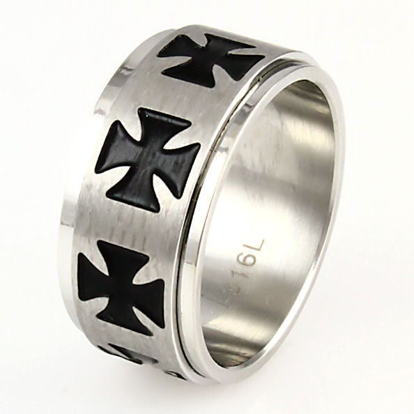 Men's Stainless Steel Black Cross Spinning Band Ring - L/XL
