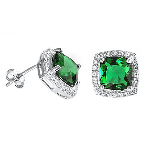 Rocio: 8mm Emerald Ice CZ Cushion cut & IOF CZ Halo Silver Earrings - 1000Jewels.com